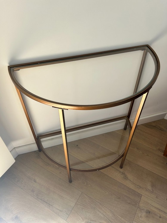 Halfronde dranktafel / sidetable met glazen blad en metalen frame in bronskleur – Bijzettafels, Glass (photo 3 of 5)