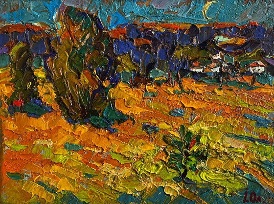 Image 1 of Originales Ölgemälde: Herbstliche Dorflandschaft bei Mondschein