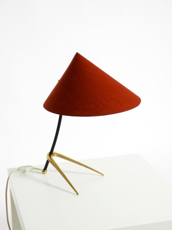 Image 1 of Beautiful, large, original Kalmar Mid-Century Modern tripod brass table lamp with a new fabric shade