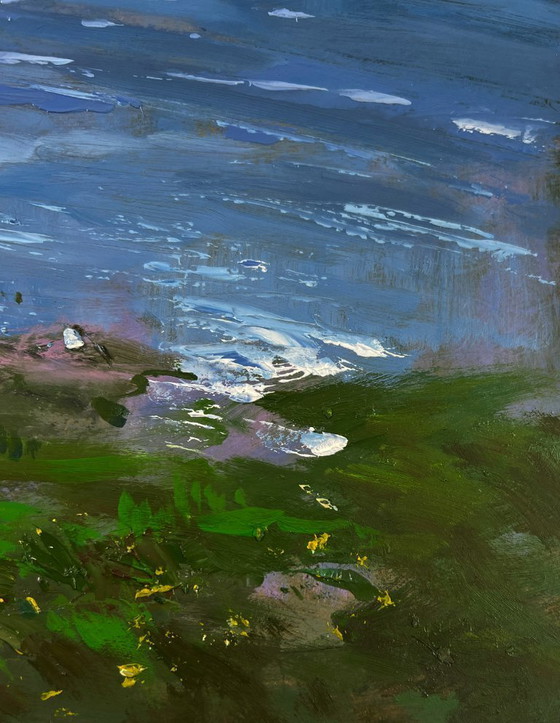Image 1 of Original Oil Painting Summer Coastal Landscape People looking at the flow of river