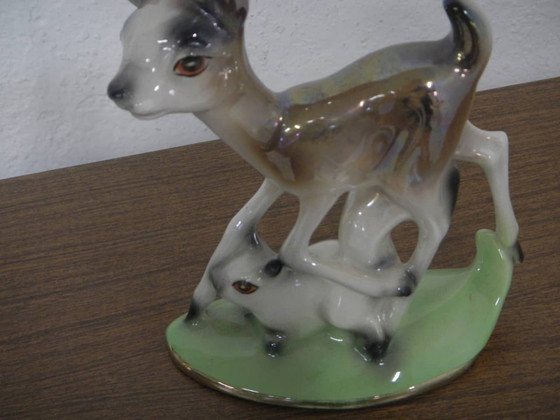 Image 1 of Small hand painted ceramic statue with deer and rabbit, Germany, 50s