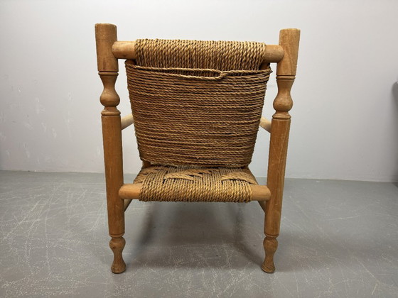Image 1 of Charlotte Perriand Style Beech Wood Easy Chair with Sisal Rope Wickerwork, 1960s.