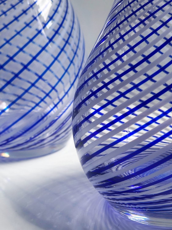 Image 1 of Bottle Set Pasabahce Crystal Glass Decanter Carafe Swirl Thread Glass Vase Cobalt Blue Bülbül Turkish Mid - Century White