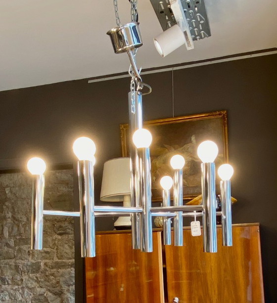 Lustre vintage chromé à 3 triple bras de lumière, attribué à Gaetano Sciolari – Metal, Chrome (photo 6 of 7)