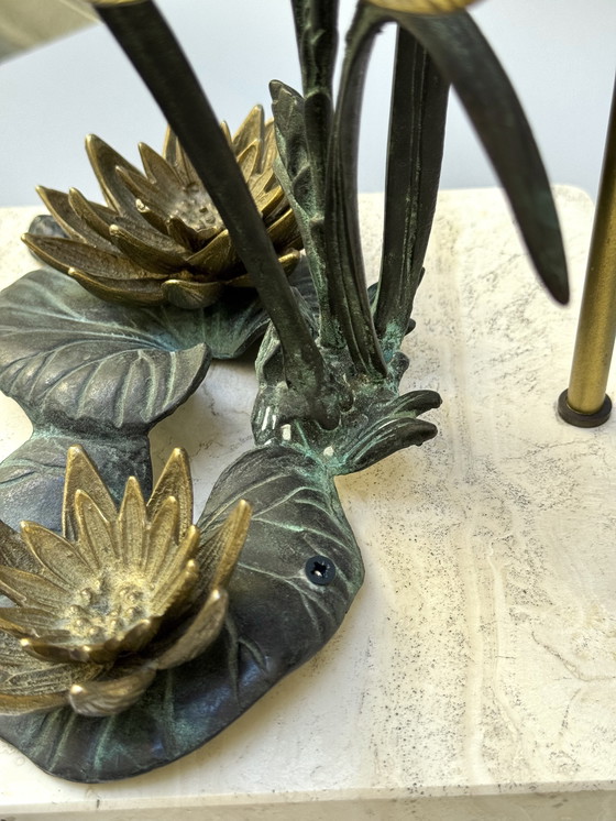 Image 1 of Lámpara de nenúfar de bronce de los años 70 sobre base de travertino - Inspirada en el Art Nouveau