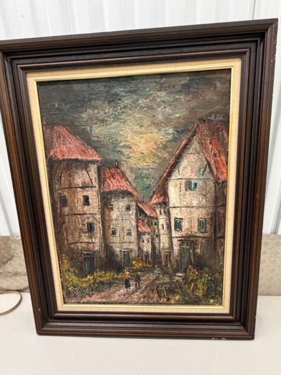 Image 1 of Ausdrucksstarke Ansicht eines Nachkriegsdorfes – Öl auf Leinwand (ca. 1955–1970)