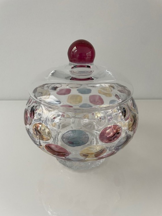 Image 1 of Decorative glass jar with colorful polka dots design