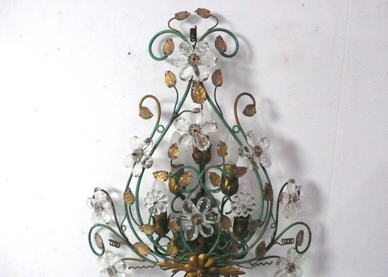 Image 1 of Lampada da parete in metallo verde con cristalli, 5 luci, anni '60, stile Kögl, Veralux Italia