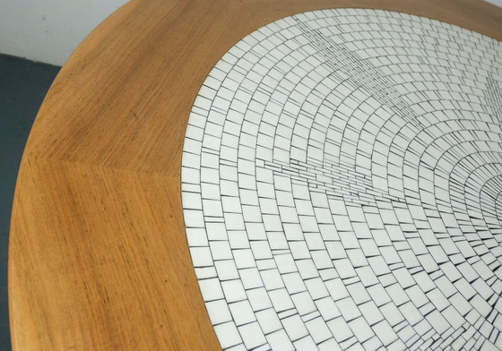 Image 1 of large round 60s mosaic tile top coffee table white mosaic walnut frame chrome base