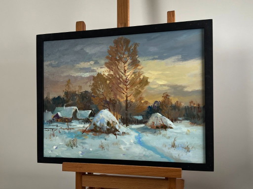 Original Oil Painting Snow Village Landscape Snow and sunset lights