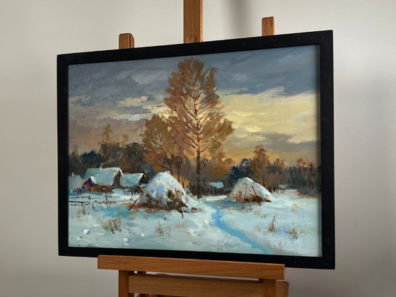 Image 1 of Original Oil Painting Snow Village Landscape Snow and sunset lights