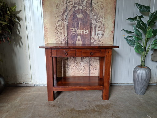 Heavy teak side table, console table, and console, 101x40cm and 79cm high.