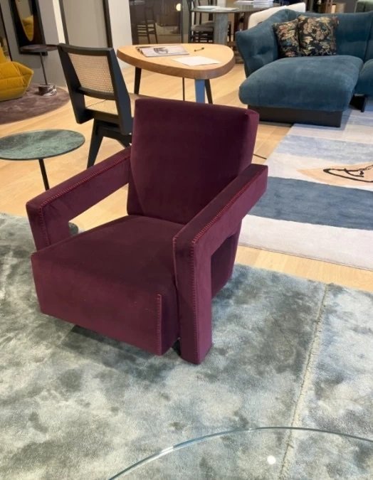 Image 1 of 2x Cassina 637 Utrecht Armchair (New, Never Used) in Ortigia/Plum Velvet with Red Thread Horse Stitching