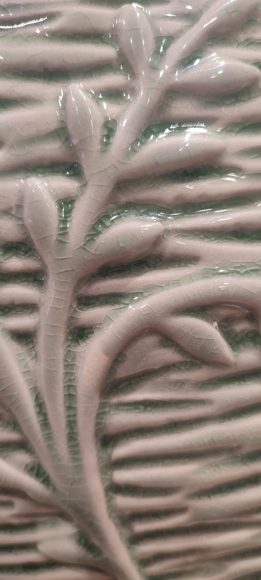 Crackle-glazed ceramic vase from the 1980s-90s with a plant motif