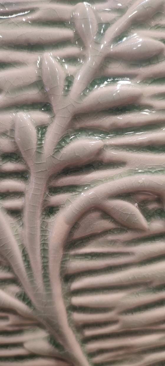 Image 1 of Crackle-glazed ceramic vase from the 1980s-90s with a plant motif

