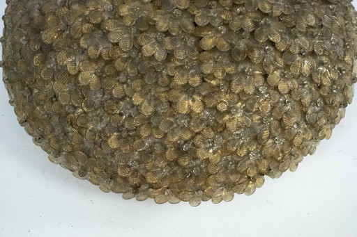 Seguso, XLarge Mid-Century gouden Murano glazen bloemen plafondlamp, Italië jaren 40