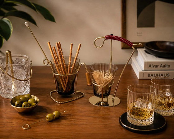 Vintage Pretzel Stick Holder Set Smoked Glass Gold Metal Mid Century Cocktail Snack Server Atomic Barware (photo 2 of 7)