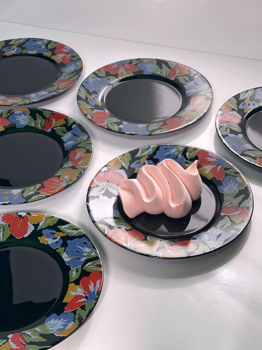 6x Vintage Arcoroc Cake Plate Black Flowers France Set 80s 90s Luminarc Octime France Red Blue Yellow