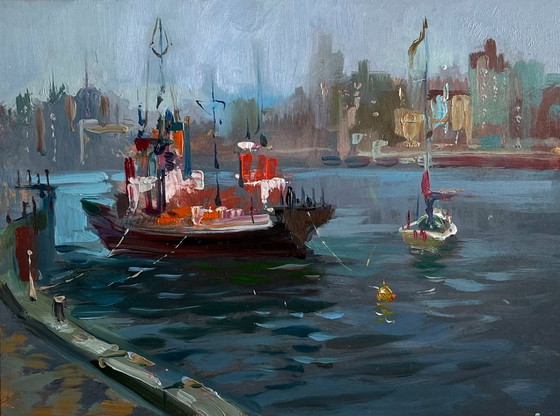Image 1 of Original Oil Painting City Coastal Landscape Ship at the pier