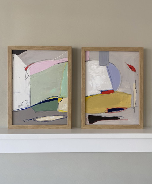 Diptych Abstract Paintings 30 x 40 Including Frame