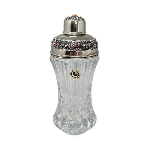 1960s Gorgeous Cut Crystal Cocktail Shaker Decorated With Red Corals. Made in Italy