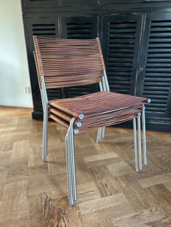 Image 1 of Conjunto de 6 sillas de diseño Bonacina Miss B en piel y acero inoxidable