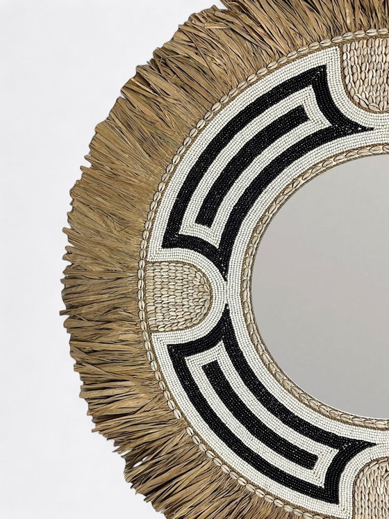 Image 1 of Large mirror made of seashell, pearl, and raffia