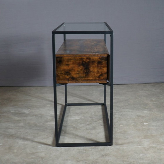 Industrieller Beistelltisch – schwarzes Metall – Glas – Holzschubladen – Beistelltische, Vintage (photo 3 of 9)
