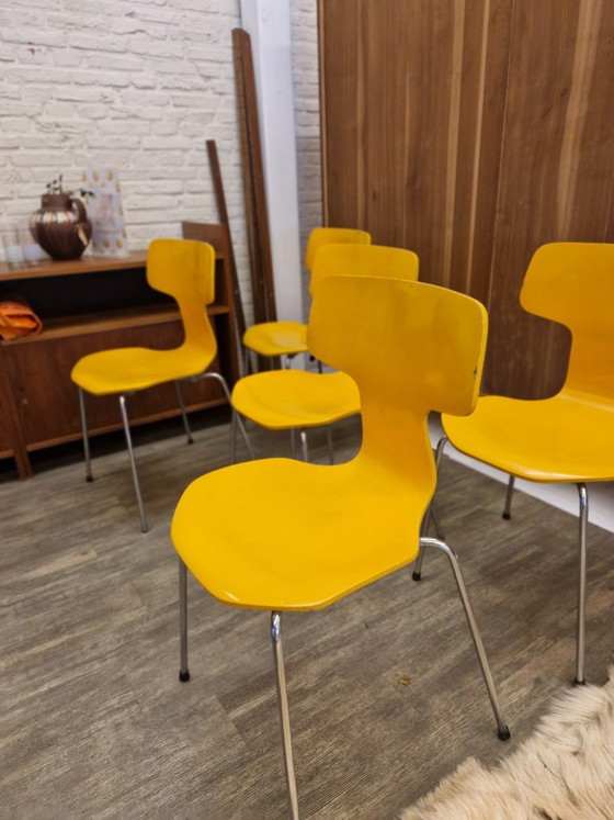 Fritz Hansen "Hammer" Sedie da pranzo (5) Modello 3103 – Arne Jacobsen (1974) – Metal, Wood, Vintage (photo 7 of 11)