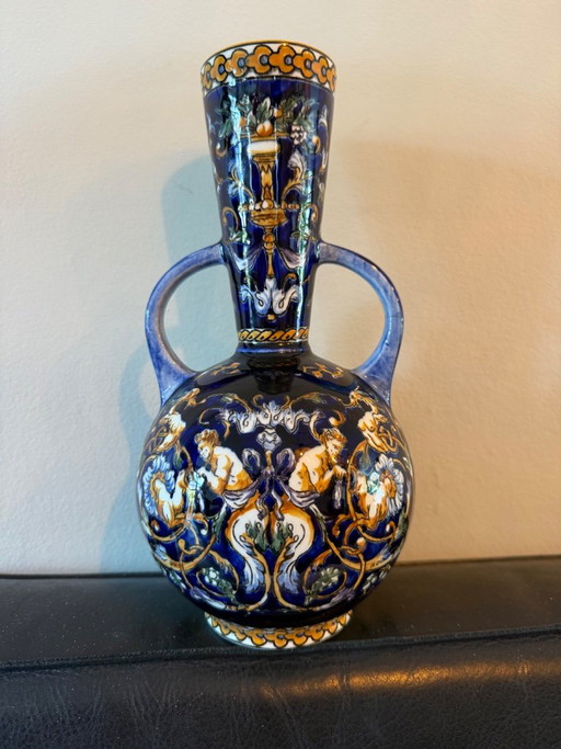 Vintage Gien France Vase mit Griffen – Renaissance Fond Bleu (1960er Jahre) – tafelaccessoires, Ceramic