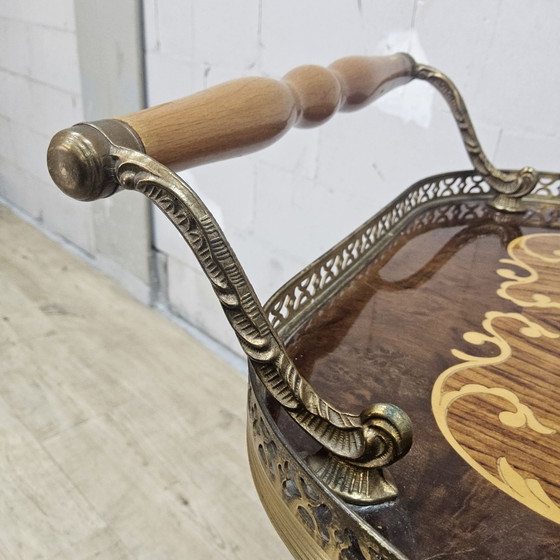 Vintage Italian Bar Cart (inlay work) romantic, Brass, Wood, Brown (photo 5 of 15)