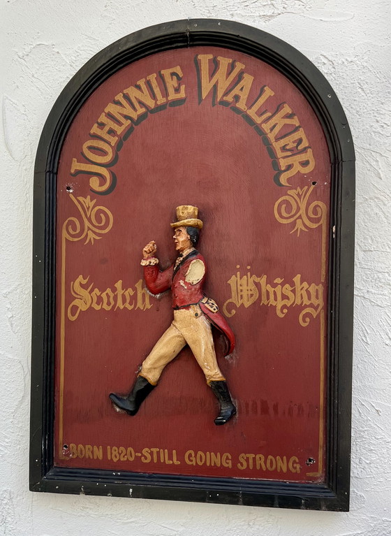 Image 1 of JOHNNIE WALKER – Original vintage wooden plaque with 3D relief figure “The Striding Man” (ca. 1970s)
