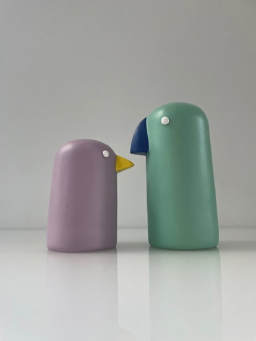 Skandinavische Vogelfiguren aus Holz, Set in Flieder und Mint