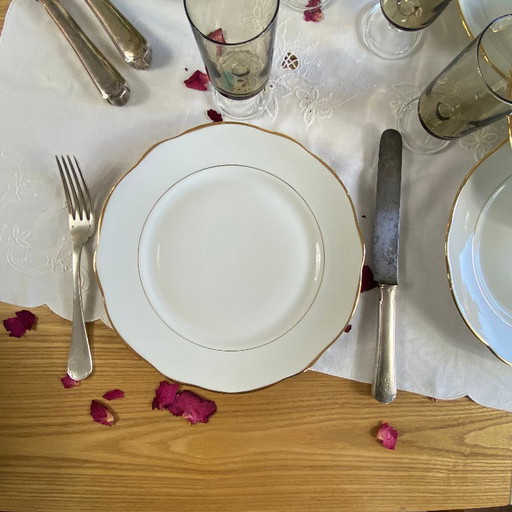 6 piatti piani antichi in porcellana Lamotte Sologne con doratura vintage