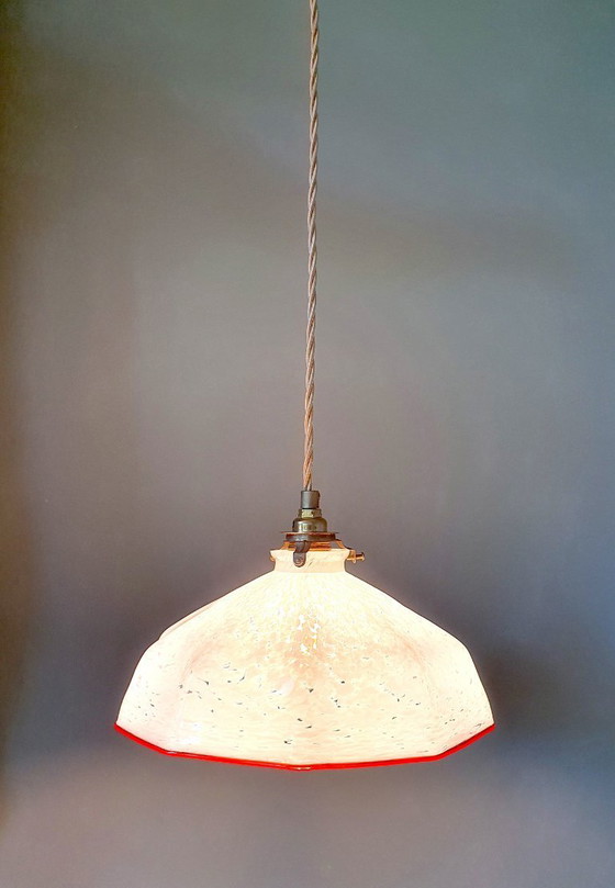 Image 1 of lampada a sospensione esagonale vintage - vetro opalino - paralume bianco marmorizzato