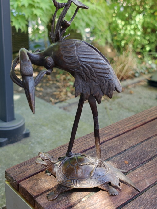 Chandelier en bronze japonais : Grue sur tortue (Meiji)