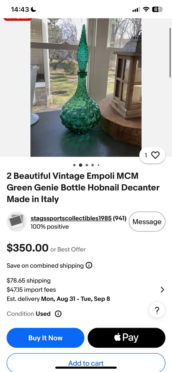 Vintage Empoli Genie Bottle Glass Carafe Blue Textured Hobnail Made in Italy – Vases (photo 8 of 8)