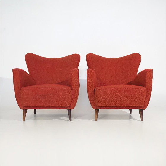 Coppia di poltrone rosse con piedini a cono, anni '50 – Textile, Wood (photo 5 of 14)