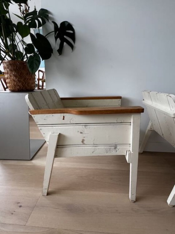 Image 1 of 2 low Piet Hein Eek bucket chairs/armchairs made of reclaimed wood, white