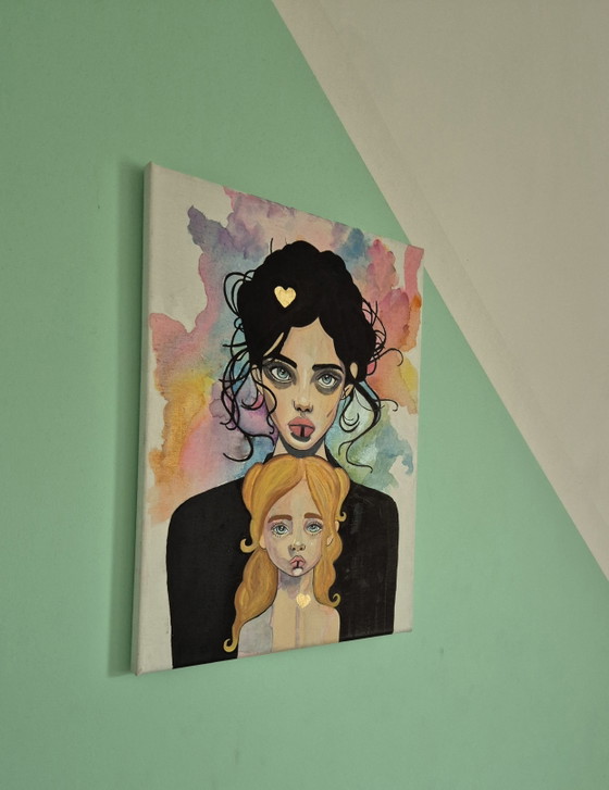 Image 1 of Mère et fille – Portrait contemporain en techniques mixtes
