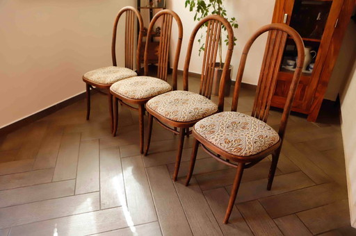 Set of Four Bentwood TON Chairs from the 1970s with Floral Upholstery 