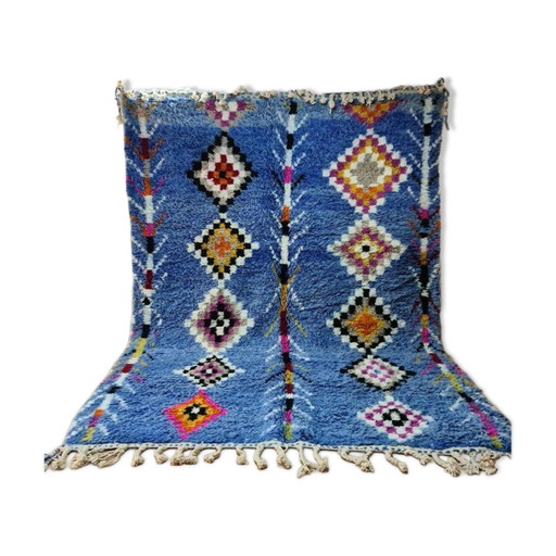 Azurblauer Beni Ouarain Teppich - Bunte Berbermuster - Naturwolle