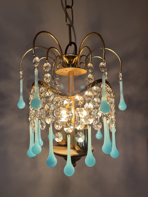 Vintage Opaline Azure Blue Teardrop Chandelier Pendant Lamp