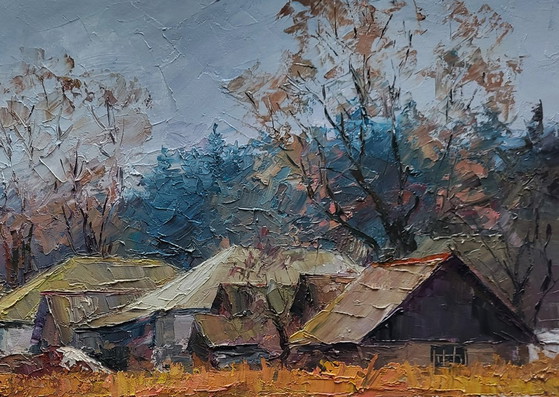 Original Oil Painting Rural Landscape The First Snow Fell In The Village – Paintings & Drawings, Canvas (photo 5 of 7)