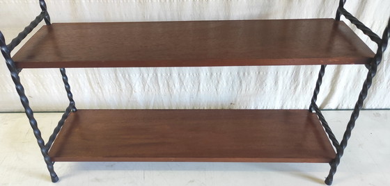 Image 1 of Wandladderplank van massief hout en smeedijzer - midden 20e eeuw