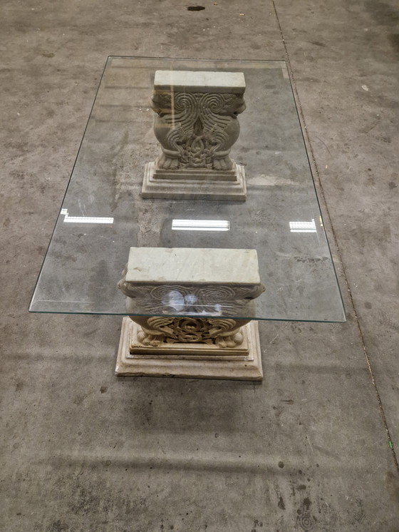 Image 1 of Classic coffee table with glass top and marble pedestals | 109 x 68 x 52 cm
