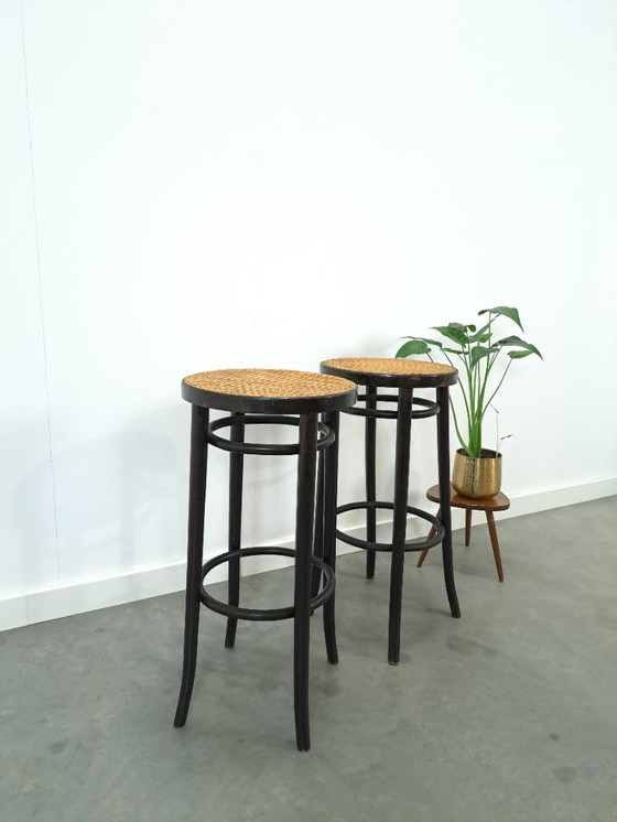 Image 1 of Set of 1950s wooden bar stools with webbing from France