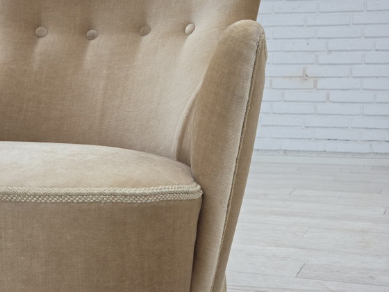 Image 1 of 1960er Jahre Dänischer Sessel in grün/braunem Möbelvelours, Originalzustand