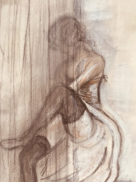 Image 1 of Signed charcoal and white pastel painting, female portrait "fitting"