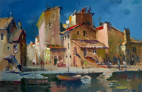 Image 1 of Origineel olieverfschilderij: Stadslandschap aan de rivier, schaduwen van het stadsleven